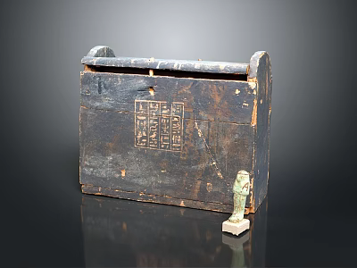 Ancient Wooden Chest With Carved Symbols And Small Figurine Decoration 3d model