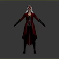 3D Game Movie Character With White Hair Red Eyes White Horns Red Coat Black Gloves