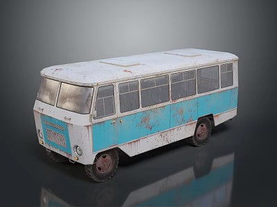 Old Blue And White Vintage Bus With Rusty Body And Windows 3d model