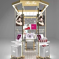 Elegant Golden Frame Display Shelves With Cosmetics Display Tables Mirrors And Advertising Posters