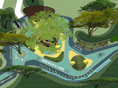 Children's Play Area Design With Lush Trees Colorful Ground And Circular Play Paths 3d model
