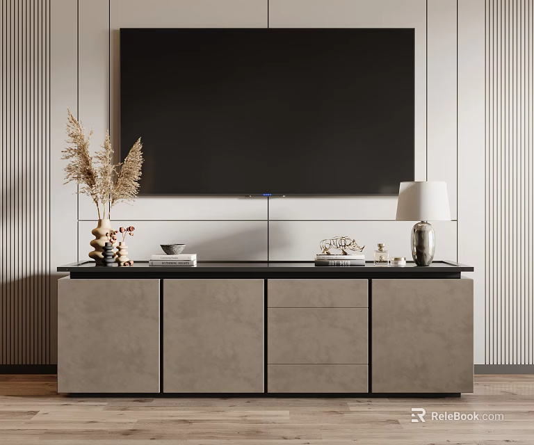 Modern TV Stand Featuring Large Screen TV Decorative Reeds Table Lamp and Striped Wall 3d model 