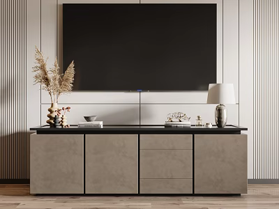Modern TV Stand Featuring Large Screen TV Decorative Reeds Table Lamp and Striped Wall 3d model
