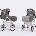 Two Modern Gray Silver Baby Strollers With Canopy And Wheels 3d model