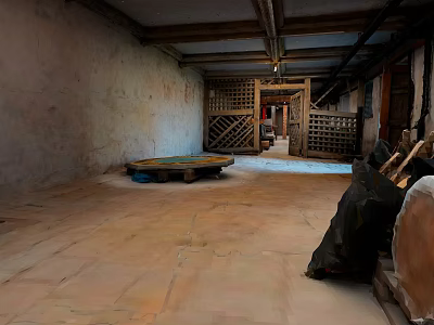 Traditional Building Interior With Wooden Beam Ceiling Latticed Door Weathered Walls And Wooden Table 3d model