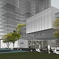 Modern Sales Office Building With Glass Curtain Wall Stone Facade And Landscaped Courtyard