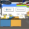 China Telecom Digital Store Interior With Blue Yellow Sofas White Counters And Displays 3d model