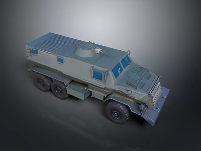 Gray Military Wheeled Tank With Six Wheels Blue Windows Armored Body And Roof Equipment 3d model