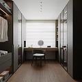 Modern Walk In Closet Interior With Dressing Table Mirror Glass Doors And Wooden Flooring