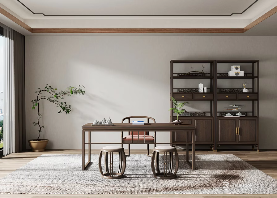 Traditional Chinese Style Study With Desk Stools And Display Cabinets 3d model