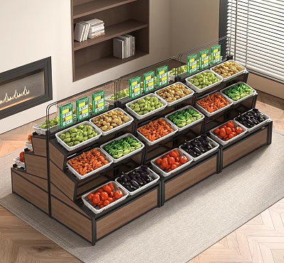 Modern Fruit and Vegetable Display Shelf with Fresh Produce in Plastic Containers 3d model