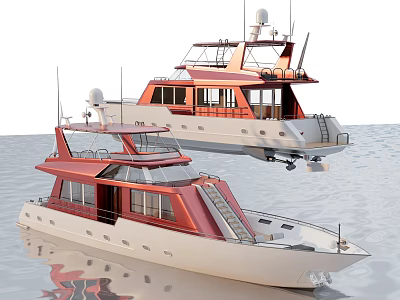 Stylish Red and White Yachts with Upper Decks and Staircases Floating on Water 3d model