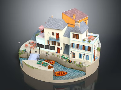 Scenic Miniature Village Model Featuring Yellow Roof House White Buildings River Boats Greenery Street Lamps 3d model