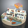 Scenic Miniature Village Model Featuring Yellow Roof House White Buildings River Boats Greenery Street Lamps