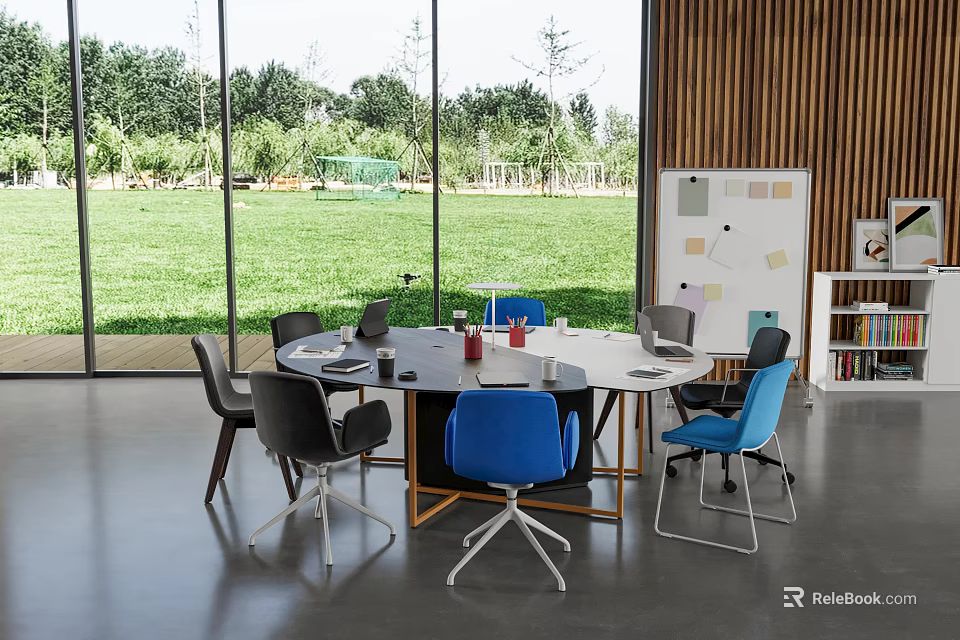 Meeting Room Interior With Large Windows Round Table Blue Gray Chairs And Whiteboard Sticky Notes 3d model 