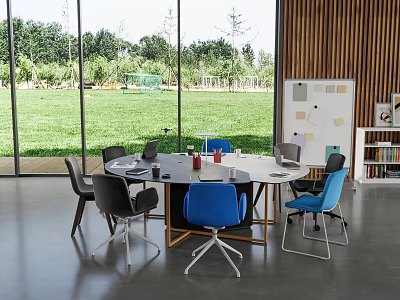 Meeting Room Interior With Large Windows Round Table Blue Gray Chairs And Whiteboard Sticky Notes 3d model