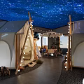 Relaxing Garden Landscape with Starry Ceiling Tents Outdoor Dining and String Lights