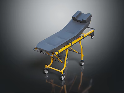 Medical Stretcher With Yellow Metal Frame Blue Mattress And Mobile Wheels 3d model