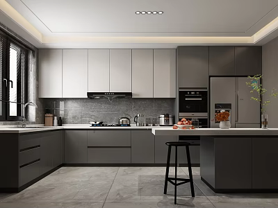 Modern Kitchen Interior Design With Gray White Cabinets Marble Island Counter And Large Window 3d model