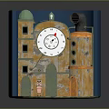 Decorative Miniature Building Model With Blue Frame White Clock Red Hands Green Roof And Orange Tower