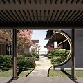 Beautiful Traditional Courtyard Garden With Stone Path Green Shrubs And Flowering Trees