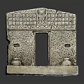 Ancient Stone Architectural Model With Central Doorway Side Windows And Clay Pots Base