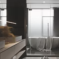 Modern Bathroom Interior Design With Freestanding Bathtub Glass Partition And Vanity