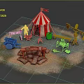 Cartoon Circus Scene Featuring Red White Striped Tent Characters Wooden Cart Barrels And Campfire