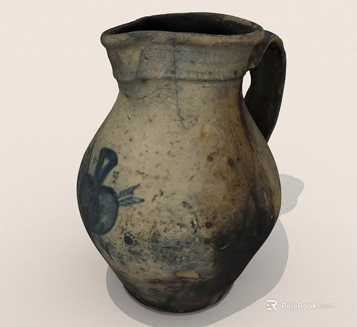 Vintage Rustic Clay Jug With Hand Painted Blue Design And Worn Surface 3d model 