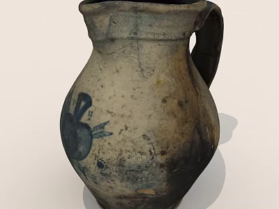 Vintage Rustic Clay Jug With Hand Painted Blue Design And Worn Surface 3d model