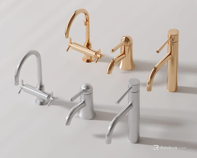 Variety of Modern Gold and Silver Faucet Designs Displayed on White Background 3d model 