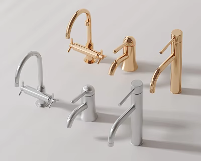 Variety of Modern Gold and Silver Faucet Designs Displayed on White Background 3d model