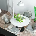 Modern Kitchen Interior With Gray Cabinets White Tile Backsplash Round Dining Table And Green Plants