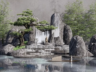 Traditional Zen Garden Ornament with Rock Formations Pine Tree Waterfall Bamboo and Water Reflection 3d model