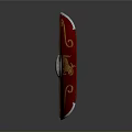 Ancient Red Shield with Gold Spiral Patterns and Lion Designs and Central Silver Metal Buckle