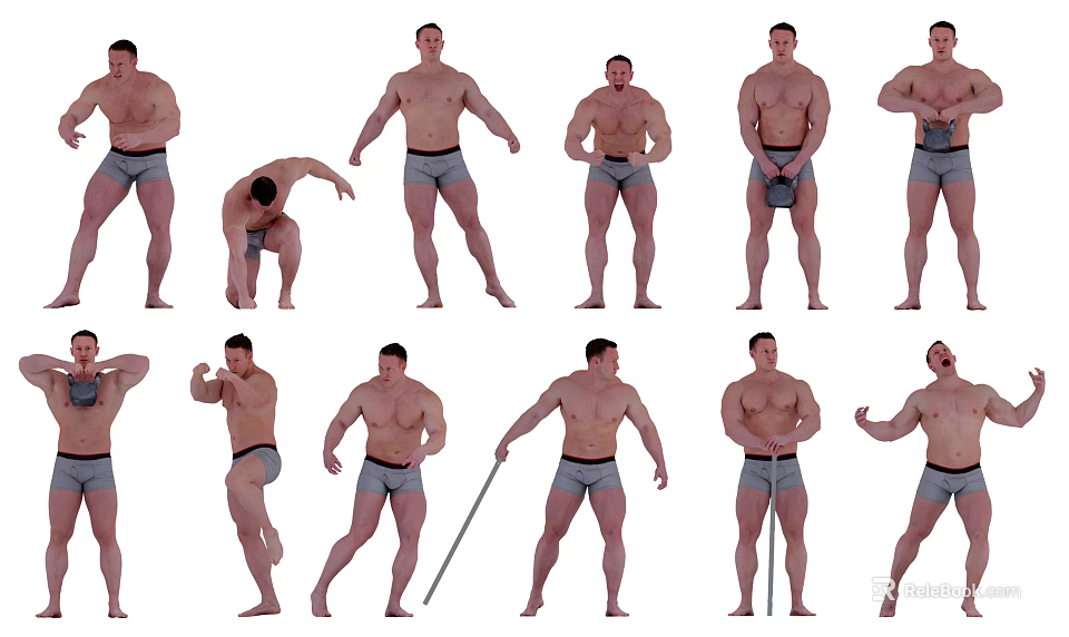 Multiple Muscular Men Wearing Gray Shorts Displaying Various Poses Some Holding Sticks 3d model