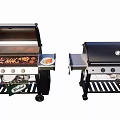 Outdoor Grill Setup With Sausages Meat Skewers Plates And Bottles