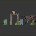 Outdoor Wooden Table With Clay Vase Glass Cups Red Bench And Rusty Wheelbarrow On Grass