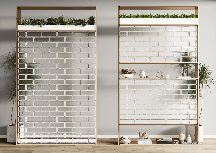 Modern Room Divider With White Brick Wall Top Green Plants And Shelves With Decorative Items 3d model 