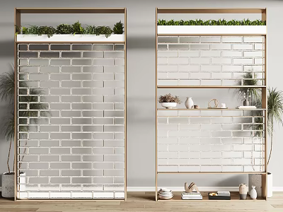 Modern Room Divider With White Brick Wall Top Green Plants And Shelves With Decorative Items 3d model