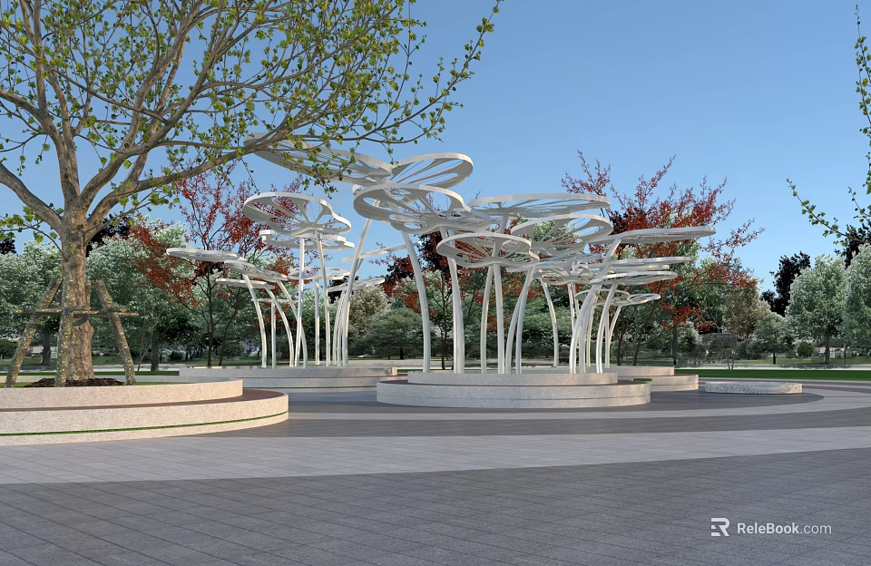 Modern White Pergola With Circular Canopy Metal Pillars And Greenery In Outdoor Park 3d model 