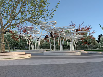 Modern White Pergola With Circular Canopy Metal Pillars And Greenery In Outdoor Park 3d model