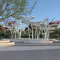 Modern White Pergola With Circular Canopy Metal Pillars And Greenery In Outdoor Park
