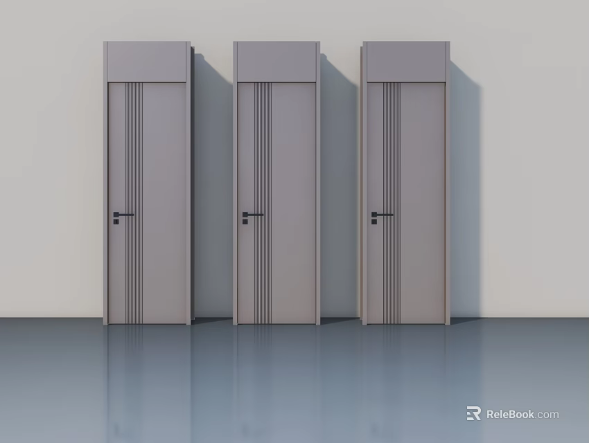 Three Modern Grey Swing Doors With Smooth Surface And White Wall Background 3d model 