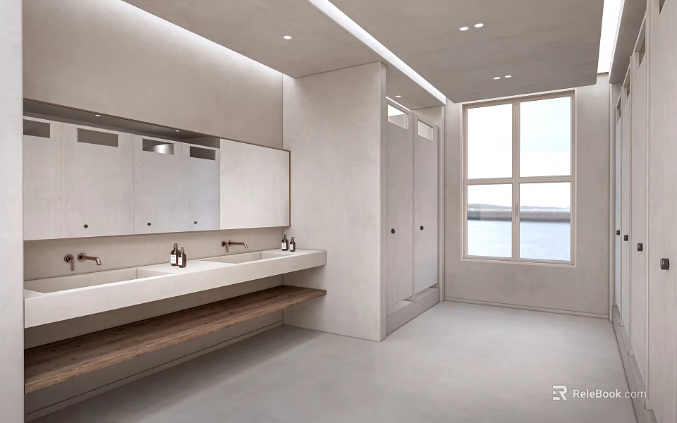 Minimalist Bathroom Interior with Double Sinks Large Mirror Wooden Countertop Concrete Walls and Window View 3d model 