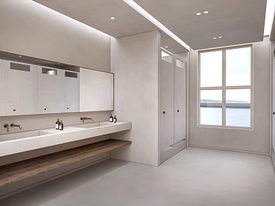 Minimalist Bathroom Interior with Double Sinks Large Mirror Wooden Countertop Concrete Walls and Window View 3d model