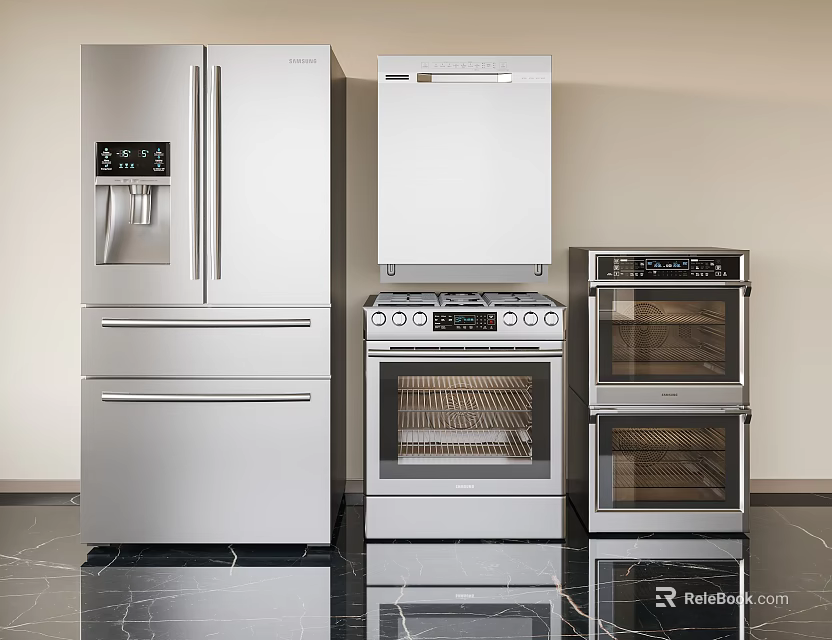 Modern Stainless Steel Kitchen Appliances With Refrigerator Oven Dishwasher And Cooktop Setup 3d model 