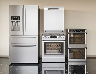 Modern Stainless Steel Kitchen Appliances With Refrigerator Oven Dishwasher And Cooktop Setup 3d model