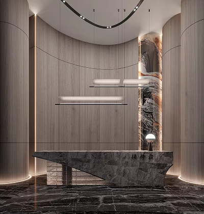Modern Reception Desk Design With Marble Countertop And Wooden Wall Lighting 3d model