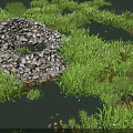Lush Green Grass and Yellow Flowers Around Natural Pond With Stone Structure and Aquatic Plants